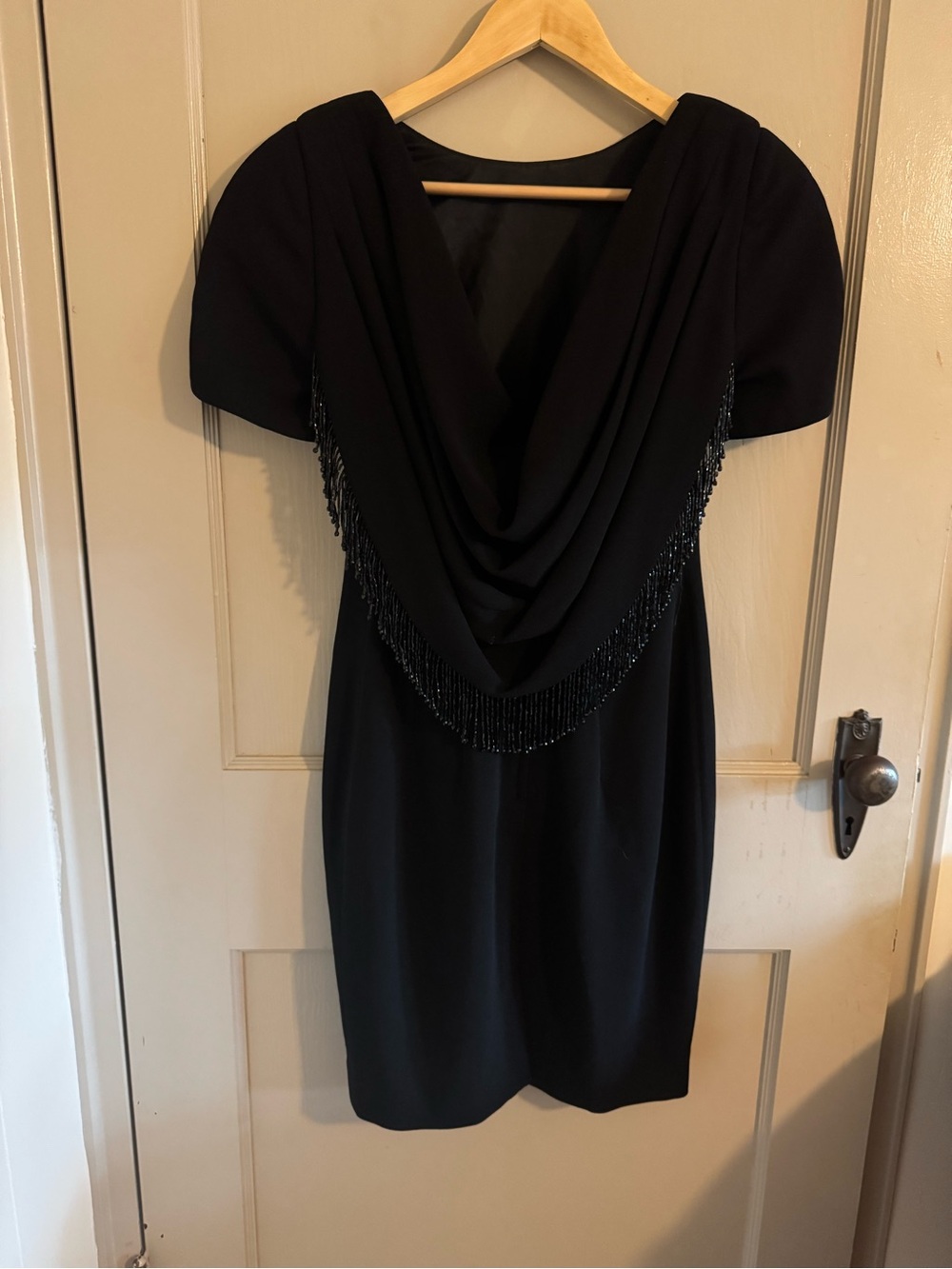 Elegant Black Draped back Fringe Cocktail Dress with beads, 90s/80s era